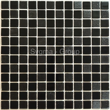 Elegant black Lorens Noir glass mosaic tile used on a floor, creating a durable and stylish surface for modern interiors.