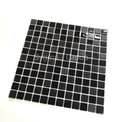 Glossy black glass mosaic tile Lorens Noir, ideal for modern kitchens, bathrooms, and showers with a sleek and elegant design.