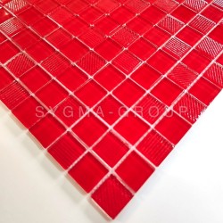 Red glass mosaic tile for modern shower and backsplash design.