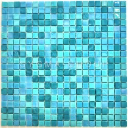 Zalina blue glass mosaic tiles for a modern bathroom wall.